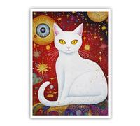 CHERHERART Affiches de chat blanc Illustrations du ciel rouge cosmique Œil doré Décoration murale en toile céleste Fantasy Décoration murale pour salon Maison 50x70cm sans cadre