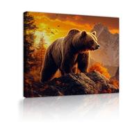 CHERHERART Art mural Affiche en toile d’ours brun Coucher de soleil Forêt de montagne Image de la faune Nature Impression sur toile nature pour salon Chambre maison 75x100cm Cadre intérieur