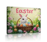 CHERHERART Art mural de Pâques Panier en osier En osier Imprimé photo Œufs colorés en lapin blanc Affiche en toile florale printanière pour la nurserie 45x60cm Cadre intérieur