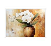 CHERHERART Art mural en toile Affiche de luxe en vase en feuille d’or Affiche fleur d’orchidée blanche Illustration pour salle à manger Cuisine Salon 60x85cm sans cadre