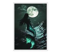 CHERHERART Art mural en toile silhouette de sirène affiche pleine lune impression fantastique de la mer pour chambre salon décoration de maison de plage 50x75cm sans cadre