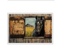 CHERHERART Art mural en toile Tirages drôles de fenêtres de cheval Affiche rustique de ferme en toile Art mural vintage campestre pour salon Salle de bain 75x115cm Sans cadre