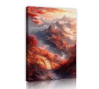 CHERHERART Automne Rouge Érable Forêt Montagne Scène Toile Art Mural Photo Japonaise Ukiyo-e Peinture Sur Toile Impressions Pour La Maison Salle À Manger Décor 50x75cm Cadre Intérieur
