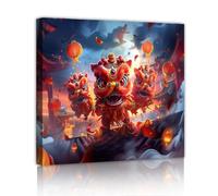CHERHERART Danse du lion chinois Toile Art mural Festival lunaire Impressions Affiches Peinture Lanterne Oriental Traditionnel Oeuvre pour la maison Vie Salle à manger 45x45cm Cadre intérieur