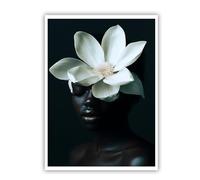 CHERHERART Femme noire Magnolia blanc Fleur de Magnolia Art mural Affiche photo Élégance Portrait floral moderne Impressions sur toile pour chambre à coucher 35x55cm Sans cadre