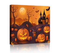CHERHERART Halloween Citrouille Toile Art Mural Effrayant Maison Hantée Photos Oeuvres d’art Impressions Festif Vacances Décor pour Maison Vie Salle à manger cuisine 70x70cm Cadre intérieur