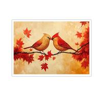 CHERHERART Illustrations murales des oiseaux d’automne Feuilles d’érable rouges Tirages sur toile Photos Affiche d’un couple d’oiseaux adorables d’automne pour chambre Salon 55x85cm sans cadre