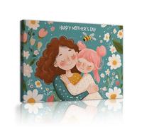 CHERHERART Joyeuse fête des mères Toile d’art mural Mère et fille Embrassée Jardin fleuri printanier Bee Daisy Toile Illustrations pour la chambre 50x70cm Cadre intérieur