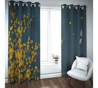 CHERHERART Rideaux occultants Bleu foncé à Fleurs Fleurs Jaunes Motif d’Oiseau Volant pour la décoration de la Chambre Rideaux assombrississants Dessus d’œillet Ensemble de 2 Panneaux 2xB117xH138