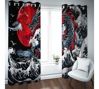 CHERHERART Rideaux occultants en Forme de Lune Rouge de Dragon Oriental Style Ukiyo-E Japonais Vagues de l’océan pour Chambre Salon Plateau d’œillet 2 Panneaux 2xB168xH300
