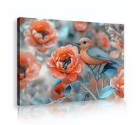 CHERHERART Toile d’oiseau bleue en fleurs illustration murale de pivoines orange printanières peinture de toile de rêve pour salon chambre chambre de bébé 80x120cm cadre intérieur