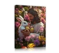 CHERHERART Œufs de Pâques en lapins blancs Toile Peinture murale Imprimé floral coloré Fleurs printanières Décoration en toile pour salon 60x80cm