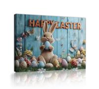 CHERHERART Œufs de Pâques en toile de lapins mignons Tableau mural Joyeuse Pâques Imprimé en planche de bois bleu Décoration fleurs de printemps festives Cadre intérieur 65x85cm