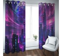CHERHERART Villes Futures Violettes Rideaux occultants Nocturnes Silhouette d’Orelle Bleu Violet éclatant planètes pour la Chambre Bureau Plateau d’œillet Rideaux Ensemble 2xB117xH138