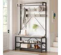 CherishCradle Meuble d’Entrée avec Banc, Étagère de Rangement pour Chaussures avec 8 Crochets et Étagère, 102 x 40 x 183cm, Porte-Manteaux, Vestiaire, pour Couloir, Chambre, Style Industriel, Gris