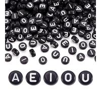 Cheriswelry 500pcs opaque acrylique lettre perles plates rondes lettres noires perles A E I O U lettre perles bijoux fabrication bricolage artisanat bracelet collier boucles d'oreilles