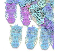 Cheriswelry 50pcs 201 Stainless Steel Filigree Owl Pendants Chandelier Links Colorful Etched Metal Embellishments Metal Dangle Charms 36x20mm for DIY Earring Bracelet Necklace Jewelry Making