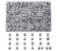 Cheriswelry Boîte d’environ 934 perles intercalaires en acrylique - Cubes avec lettres de l’alphabet de A à Z pour la fabrication de bijoux - Noir et argenté