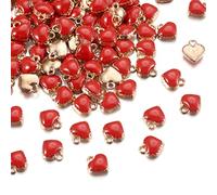 Cheriswelry Lot de 100 mini breloques en forme de cœur rouge en émail plaqué or pour la fabrication de bijoux, bracelets, colliers, boucles d'oreilles, cadeaux de Saint-Valentin