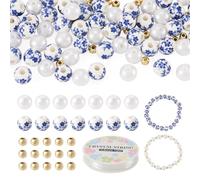 Cheriswelry Lot de 101 perles en porcelaine bleue et blanche de 8 mm en acrylique avec perles d'espacement en laiton pour la fabrication de bijoux, bracelets, colliers, loisirs créatifs