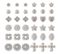 Cheriswelry Lot de 120 perles en alliage de style tibétain européen - Fleur, cœur, étoile, croix, entretoises rondes plates pour la fabrication de bijoux - 12 styles, argent antique