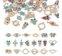 Cheriswelry Lot de 40 breloques en émail argenté vieilli et doré avec strass - Pendentifs éléphant, chouette, mauvais œil, fleur, cœur, diamant pour fabrication de bracelets, colliers, bijoux