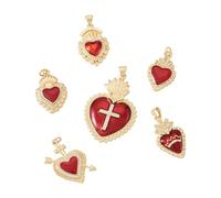 Cheriswelry Lot de 6 breloques en forme de cœur sacré rouge en laiton et oxyde de zirconium - Pendentifs gothiques sacrés en forme de cœur - Breloques en laiton pour bricolage, bijoux, colliers