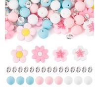 Cheriswelry Lot de 83 perles en silicone en forme de fleur - 7 styles - Perles focales en silicone avec strass - Perles d'espacement en caoutchouc pour stylo à perler - Loisirs créatifs, bijoux et