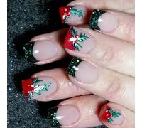 Cherries Artificial Nails French Tip False Christmas Press Sur Des Couvertures Complètes Stick Pour Courte Presse Noël False French Tip Couverture Complète Stick