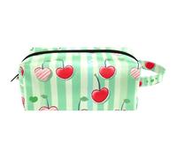 Cherries on a Green Stripes Sac de rangement cosmétique pour femme Trousse de toilette à suspendre Sac de voyage en cuir Trousse à crayons d'école, Multicolore 07, 8.2x3.1x3.5 in/21x8x9 cm