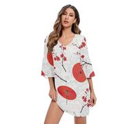 Cherry Blossom Branches Robe en mousseline de soie rouge à manches 3/4 Robe d'été, Branches de cerisier en fleurs rouges, Taille XL