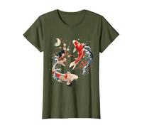Cherry Blossom Koi Carpe Fish Japanese Sakura Art Graphique T-Shirt, Femme, Olive, L