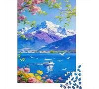 Cherry Blossom Lake View Puzzle Vibrant Spring 1000 Pcs Papier Résistant pour Adolescents Résistant À La Déchirure Couleurs Vives Décoration Murale Emballage Élégant 52x38cm/1000pcs