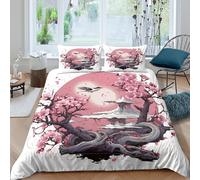 Cherry Blossom scène Parure de Lit Microfibre Hypoallergique 3 pièces 3D Effet Respirante Japanese Art Style Housse de Couette avec 2 Taies d'oreiller Confortable for Hommes Single（135x200cm）