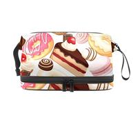 Cherry Cupcakes Macaron Donut Candy Trousse de toilette double couche pour femmes et filles, trousse de toilette de voyage, trousse de maquillage, sac de rangement pratique avec compartiment à brosse,