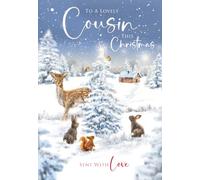 Cherry Orchard - Carte de Noël pour cousin | Scène de Noël d'hiver dans la forêt avec cerf et rouges-gorges | Carte de vœux de Noël de luxe pour cousin | Message imprimé à l'intérieur | Complète avec