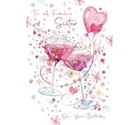 Cherry Orchard Fabulous Sister Carte d'anniversaire avec enveloppe, superbe motif de verres à cocktail, ballons, fleurs et cœurs - Finition feuille d'or