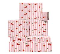 Cherry Papier Cadeau - 6 Feuilles Papier Cadeau For Wohommes Filles Or Amis - Anniversaire Summer Party Baby Shower Mariage - Red Fruit With Pink Stripes - Comes With Tags By Central 23
