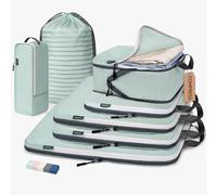 CherryNow Lot de 7 cubes d'emballage de compression pour voyage, essentiels de voyage pour valise, sacs de rangement de bagages pour voyage avec sac à chaussures, gris bleu