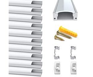Chesbung Profilé Aluminium LED - 10x0.5mètre Aluminium Profilé u-forme pour Bandes à LED, Compact Finition Professionnelle avec Blanc Laiteux Couvercle,Embouts,Clips de Montage en Métal,Embouts Jaunes