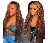 Chesma Perruque de cheveux humains ombrés 4/27 blond miel avec dentelle frontale 13 x 4 Hd Blond miel - Perruque frontale ondulée profonde, sans colle, pré-frangée