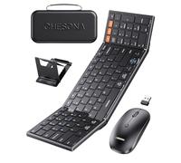 CHESONA Combo Clavier et Souris Pliable - Ultra Slim 600g avec 2.4G+Double Bluetooth Compact Clavier Pliable Sans Fil avec Support - Portable pour Affaires/Voyage avec Étui - Win/Mac/iOS/Android