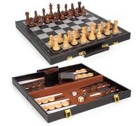 Chess Checkers Backgammon Jeu de société 3 en 1 pour enfants et adultes, jeu d'échecs magnétique pliable de 15 pouces, jeu de stratégie en cuir, jeu d'échecs portable de voyage avec