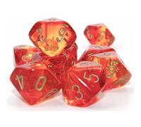 Chessex Lot de 10 dés Gémeaux rouges et jaunes translucides avec chiffres dorés D10 16 mm