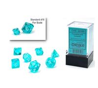 Chessex Dice Set de dés polyédriques en plastique translucide bleu sarcelle/blanc de 10 mm - Dés D&D DND TTRPG - Avec 7 dés - D4 D6 D8 D10 D12 D20 D%