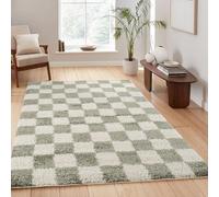 Chester Tapis à Poils Longs Moderne - Design Contemporain à Carreaux - Poils en Peluche de 30 mm avec Envers en Jute - Tapis de Couloir d'intérieur - Sauge - 160 x 230 cm