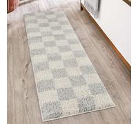 Chester Tapis à Poils Longs Moderne - Design Contemporain à Carreaux - Poils en Peluche de 30 mm avec Envers en Jute - Tapis de Couloir d'intérieur - Gris - 60 x 220 cm