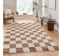 Chester Tapis à Poils Longs Moderne - Design Contemporain à Carreaux - Poils en Peluche de 30 mm avec Envers en Jute - pour Couloir, intérieur - Terre Cuite - 120 x 170 cm