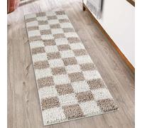 Chester Tapis à Poils Longs Moderne - Design Contemporain à Carreaux - Poils en Peluche de 30 mm avec Envers en Jute - Tapis de Couloir d'intérieur - Beige - 60 x 220 cm