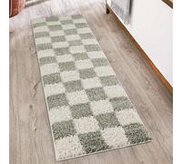 Chester Tapis Moderne à Poils Longs - Design Contemporain à Carreaux - 30 mm - Revers en Jute - Doux - pour Couloir, intérieur - Sauge - 60 x 220 cm